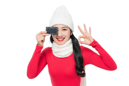 中国会员卡年轻女子拿着卡片照片
