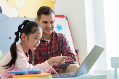 老师在课堂上辅导小学生用电脑照片
