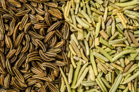 干的干燥的迷迭香树叶和香菜种子.照片