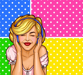 矢量出现艺术女人采用耳机enjoy采用g音乐和眼睛closure关闭照片