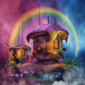 彩虹住宅童话式的住宅和花和彩虹照片