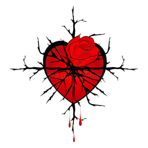 剑刺心红色的玫瑰和刺心和落下关于血.照片
