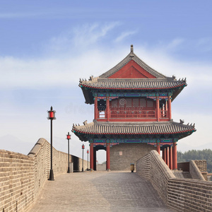 古代的城市墙和装饰华丽的瞭望塔,张家口市,中国照片