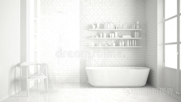 总计的白色的典型的酿酒的浴室和澡盆,极简抽象艺术的内蒂