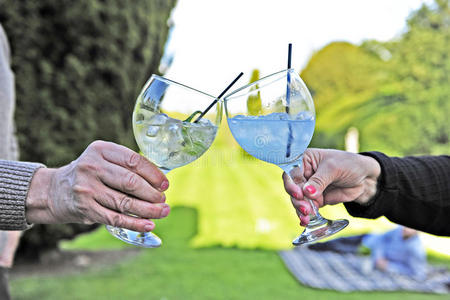 举杯敬酒的用语-喝饮料杜松子酒和气球眼镜照片