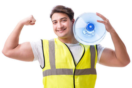 白色水瓶子指已提到的人男人递送水瓶子向白色的照片