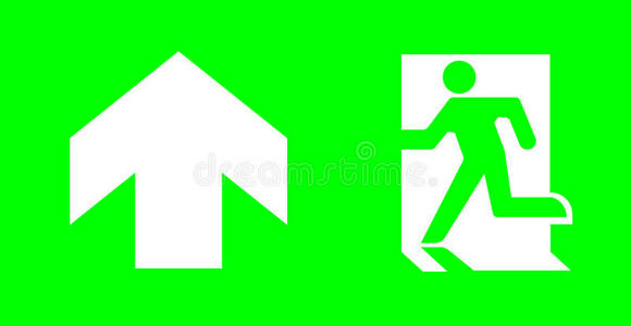 紧急情况/出口符号在外部文本向绿色的背景为站起来照片