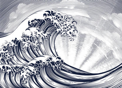 版画日本人东方的波浪蚀刻版画在上雕刻木刻照片