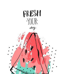 手绘制的矢量抽象拼贴画无缝模式与孤立在黑色背景上的西瓜水果切片