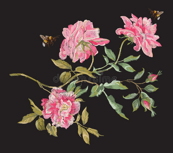 刺绣时尚花的模式和牡丹和蜜蜂.照片