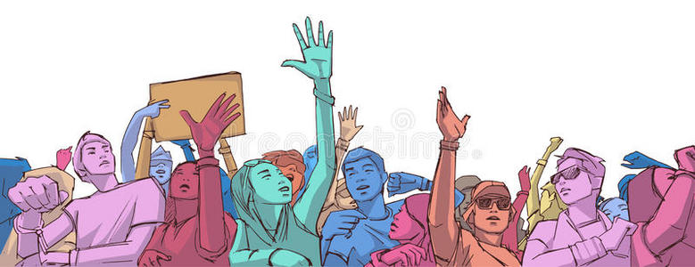 说明关于混合的种族的人群喝彩和凸起的手在照片