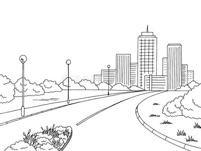 大街路图解的黑的白色的城市风景草图illustrati照片