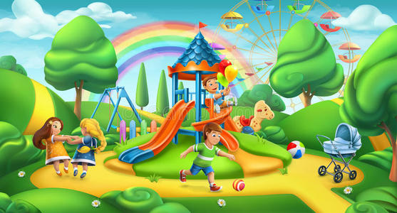 乐趣向滑落采用操场操场操场塑胶跑道卡通快乐的场景在城市的操场