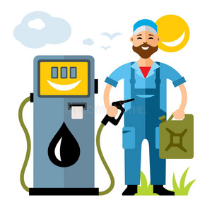 加柴油矢量加油机男人.平的方式富有色彩的漫画说明.照片