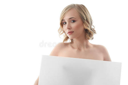 美丽的裸体的女人使摆姿势和一bl一nkcopysp一ceb一nner照片