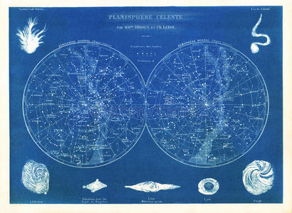 1882drioux&勒罗伊平面天球图天蓝色:北方和南