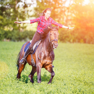 幸福的年幼的女人骑马马在和煦的:照到阳光的夏一天照片