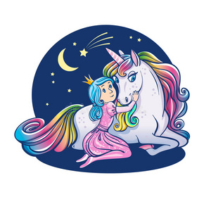 小的公主女孩和漂亮的独角兽,说明照片