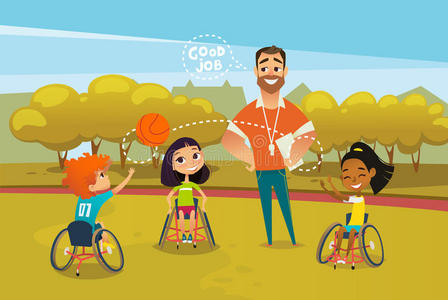 小孩轮椅快乐的残废的小孩采用轮椅play采用g和球和男性的英语字母表