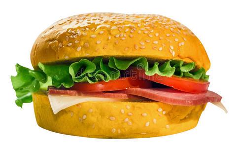 汉堡包和沙拉,奶酪,火腿和番茄.和一p一th为照片