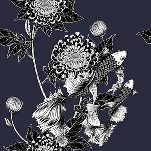 锦鲤鱼和菊花模式在旁边h和绘画照片