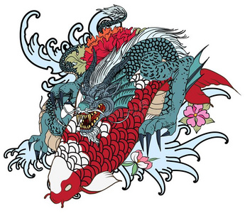 身为手疲惫的龙和锦鲤鱼和花文身为臂,黑色亮漆照片