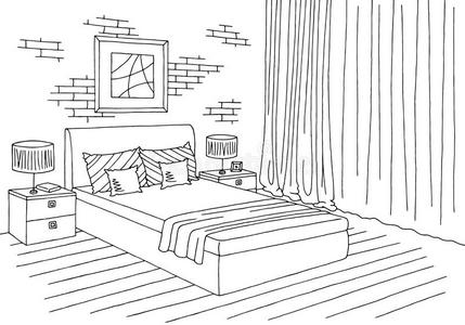 卧室图解的黑的白色的内部草图说明照片