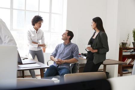年幼的男人和两个女性的同事讲话采用一办公室照片