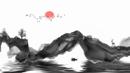 中国风的插画素材抽象水墨线条装饰画意境山水画背景抽象水墨线条装饰