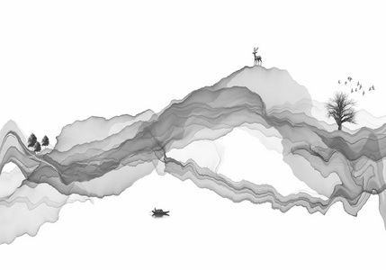 山水装饰画中国风的插画素材抽象水墨线条装饰画意境山水画背景抽象水