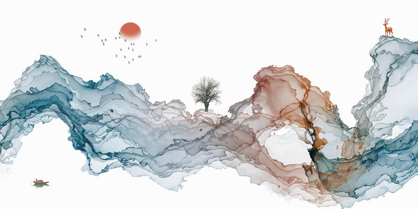 抽象水墨线条意境山水装饰画照片