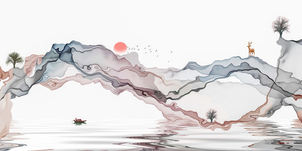 抽象水墨线条意境山水装饰画照片