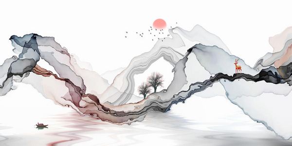 抽象水墨线条意境山水装饰画照片
