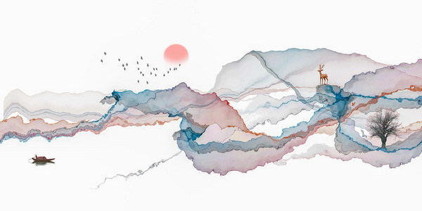 抽象水墨线条装饰画意境山水画背景照片