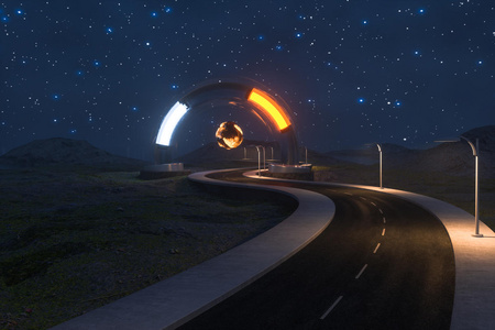 科幻路弯曲的沥青道路与魔幻入口,三维渲染照片