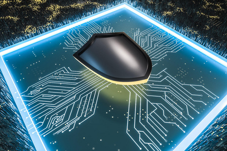 三维渲染,护盾与科技感背景照片