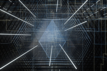 三维渲染黑暗隧道与科技感线条,三维渲染测量杯白材质图标向量被隔离