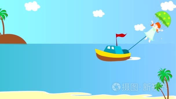 船上拉扯女孩降落伞在海 动画 卡通