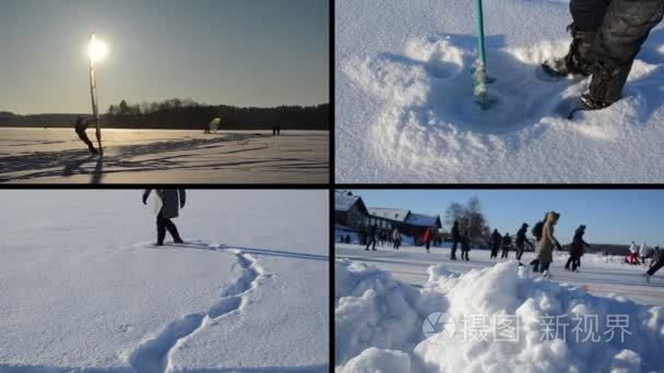 冰的冲浪者。心的形状，在雪地上。Icehole 钻。人们滑冰