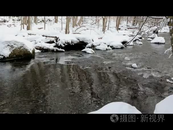 有雪的冬天河道景观视频