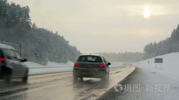 冬季公路附近的森林视频