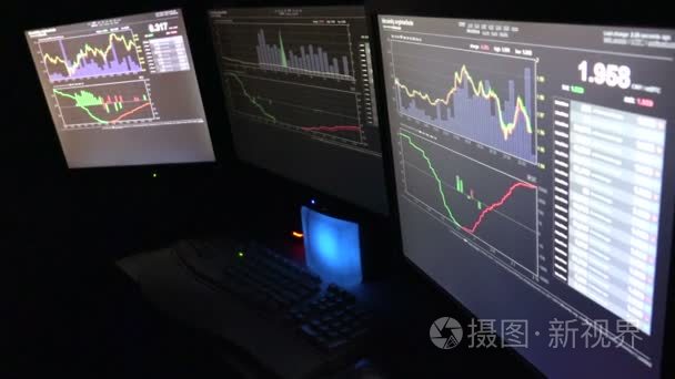 三个电脑屏幕的比特币交易员视频