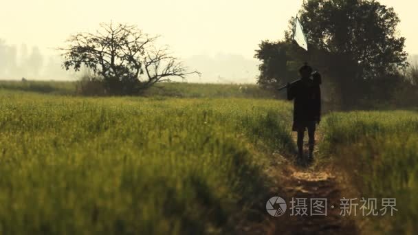 亚洲农民在稻田上行走