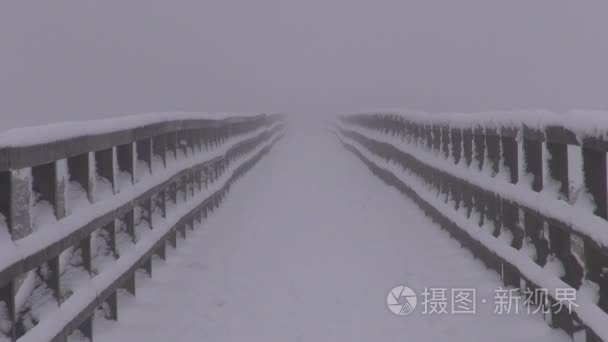 空的冬天下雪木桥和雾视频