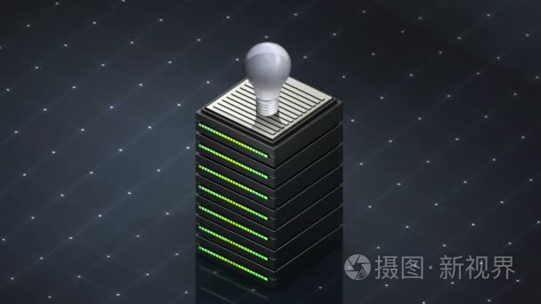 数据库符号和灯泡的光。数据库服务器虚拟主机图标 3d