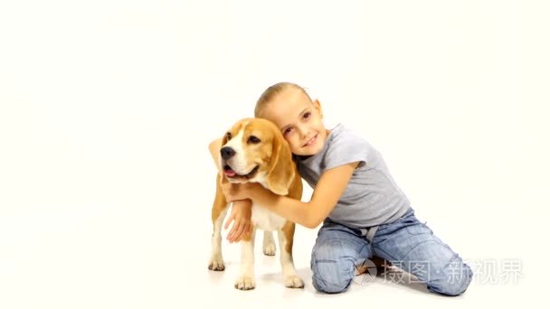 little girl hugging  Beagle puppy