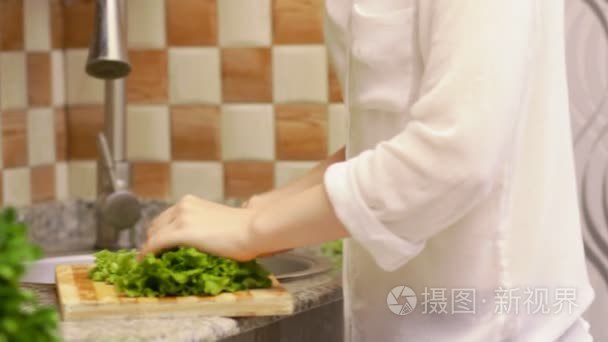 女人做新鲜蔬菜沙拉准备生菜视频