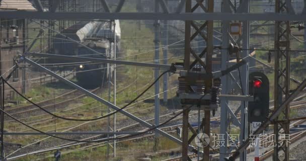 Electric Locomotive Slowly Moves On The Railway Track Freight Tr