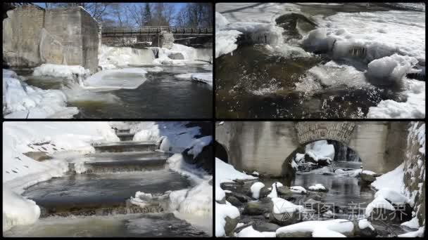 河瀑布层叠复古桥冻冰冰柱冬季视频