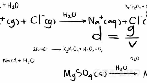 化学理论方程和元素分子债券与化学实验室工具图标移动在教育中白色孤立屏幕在 1920 x 1080 高清的涂鸦手写的数学公式